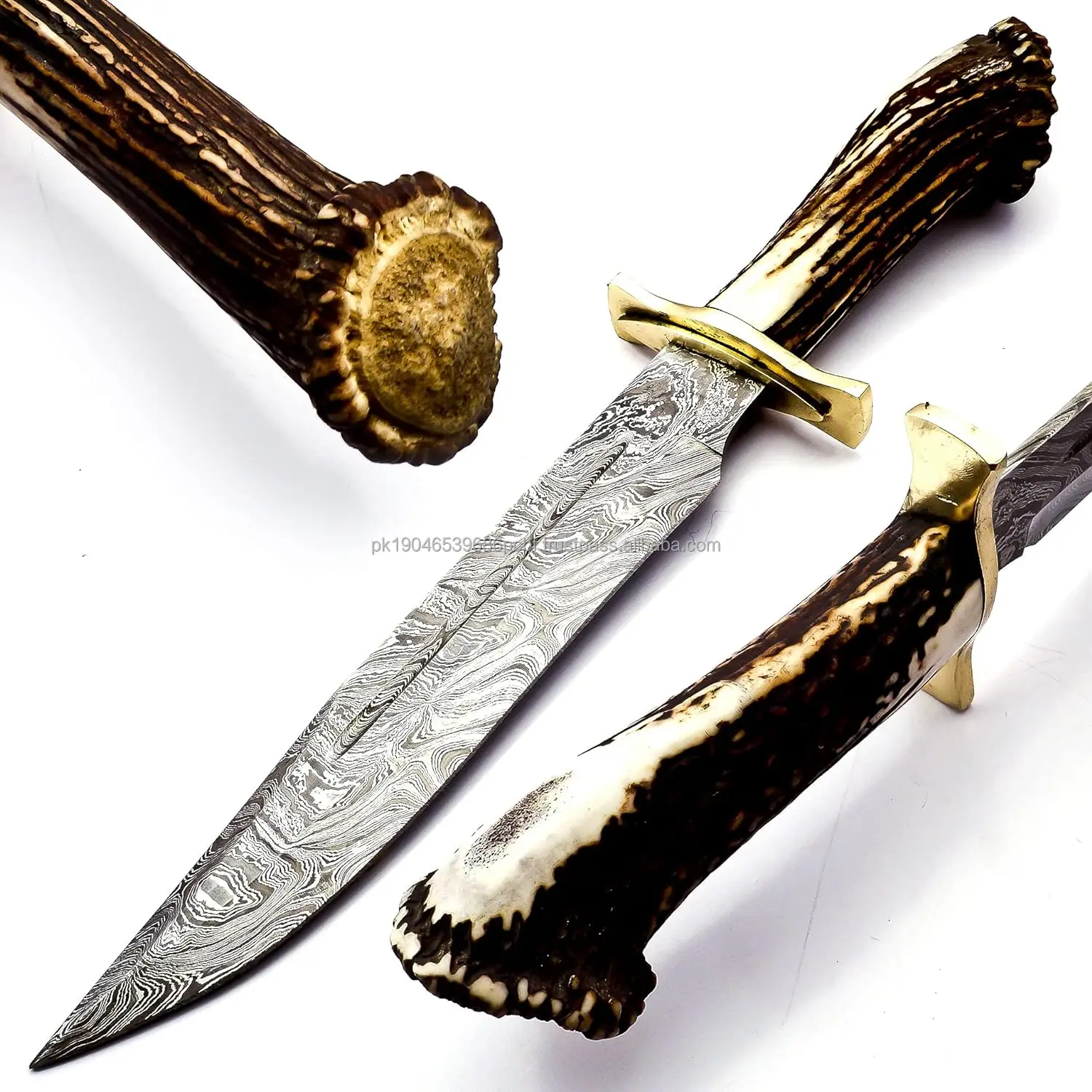 OEM Top Quality 15N20 Damascus Steel Fixed Blade Tactical Knife Deer Antler Crown Handle Bowie Hunting Knife With Leather Sheath