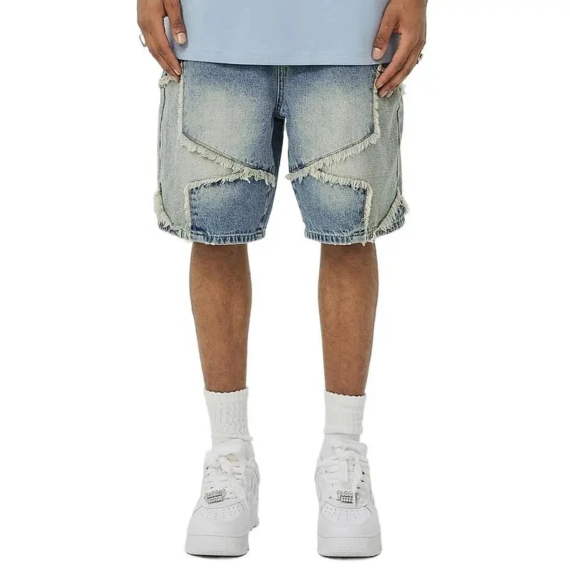 Distressing Hem Blue Washed Denim Jorts Unisex Stone Faded Applique Customize Denim Shorts for Men