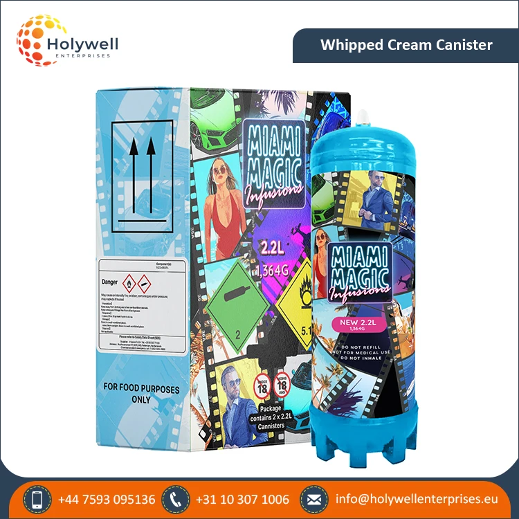 Trusted Exporter of CE / EU Certified Dessert Tool 2.2L Miami Magic Whipped Cream Charger Cylinder / Tanks with Custom Logo