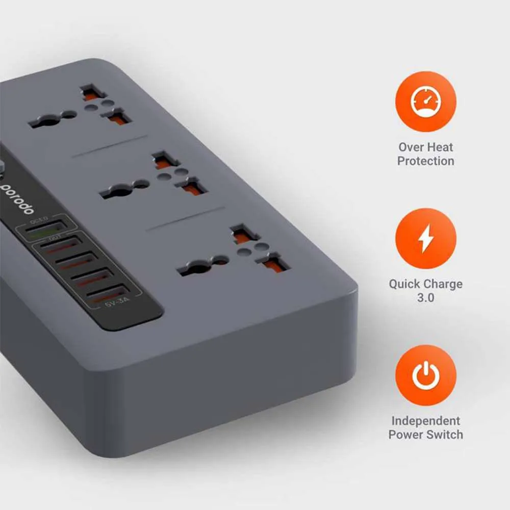 Porodo QC3.0 Multi-Socket 33W With Timer x3 AC Sockets 10A and x5 USB Outputs 33W -200cm Power Cord Independent Power Switch