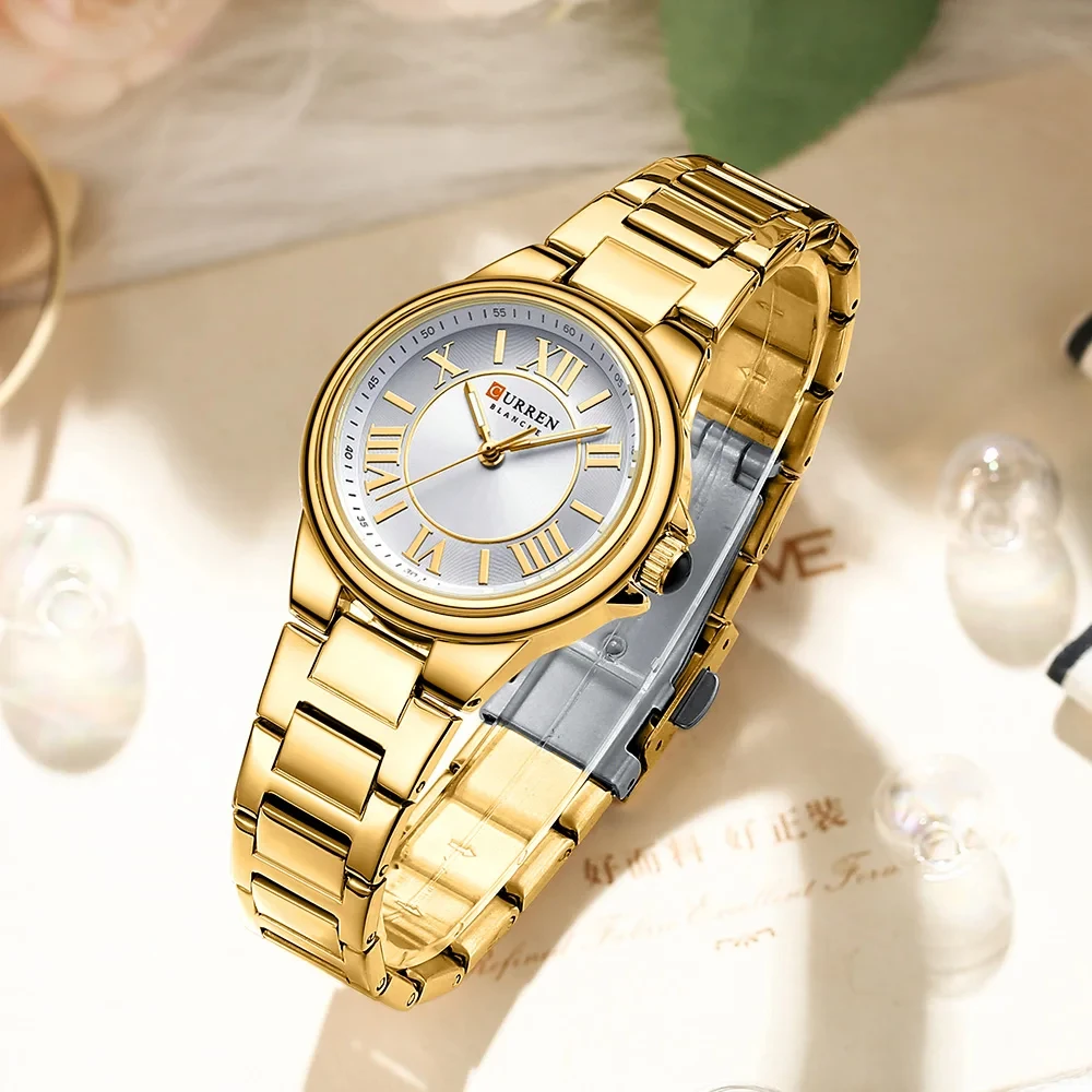 CURREN 9091 Romantic Charm Women Wristwatches Fashion Design Thin Quartz Watch with Luminous Hands Stainless Steel Bracelet