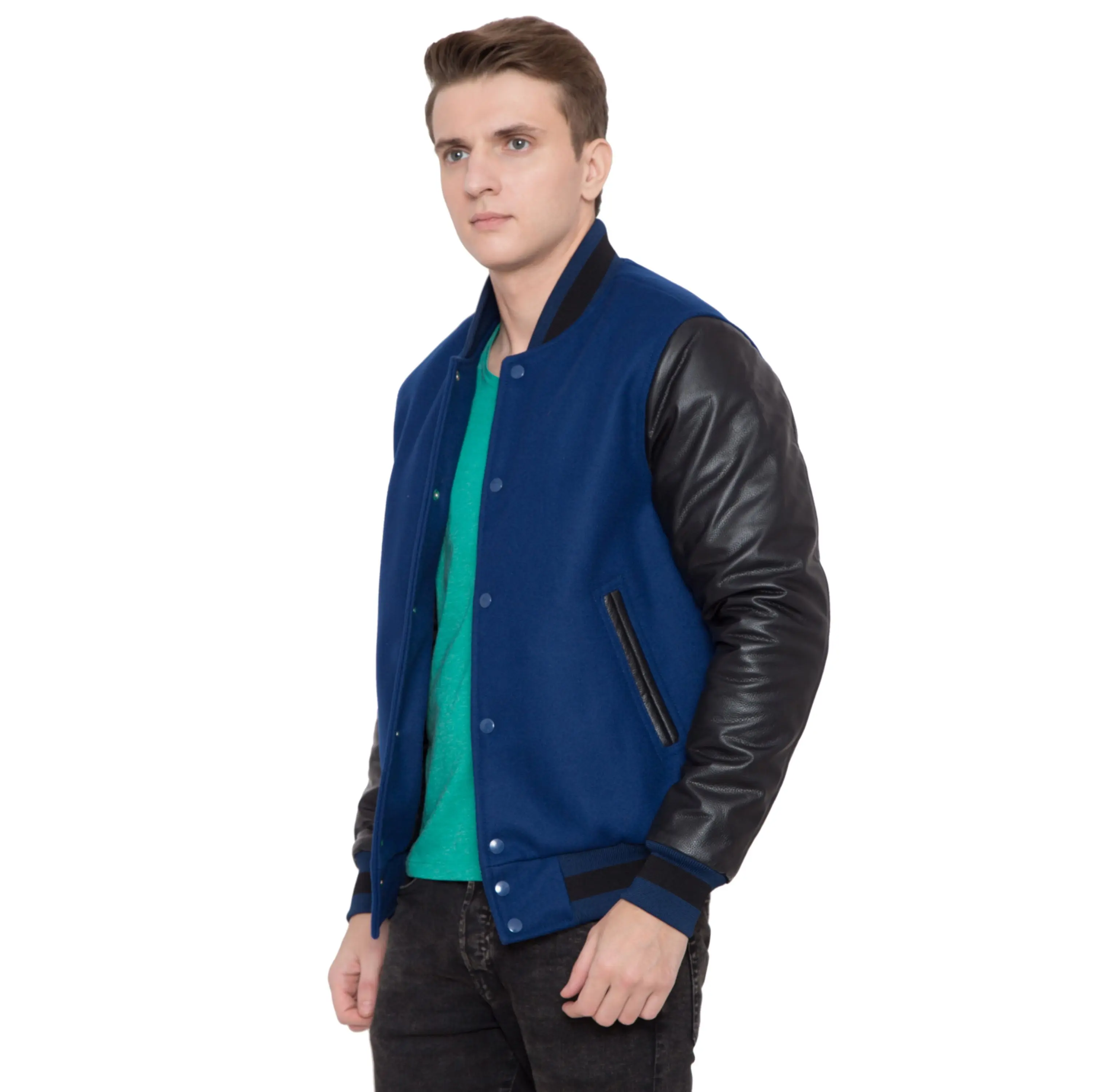 100% Cashmere Wool Body and Genuine Cowhide Leather Sleeves Dark Navy & Black Letterman Jacket