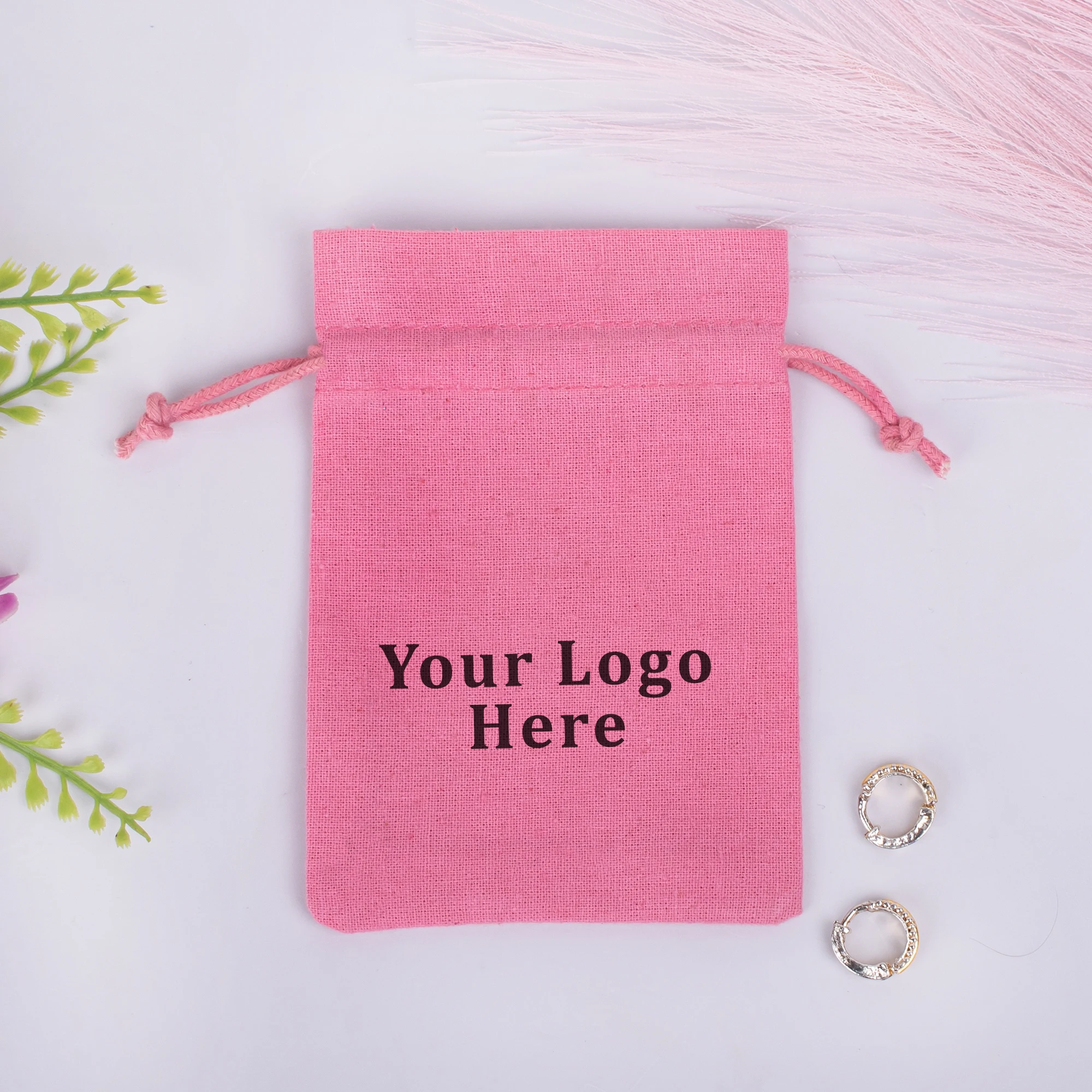 Customize Logo Handmade Light Pink Cotton Jewelry Organizer Pouch Indian Drawstring Wedding Favor Small Gift Bag Wholesale