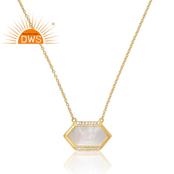 Latest Selling 925 Sterling Silver 18K Gold Plated Cz & Mother Of Pearl Gemstone Pendant Necklace Demi Fine Jewelry Manufacturer