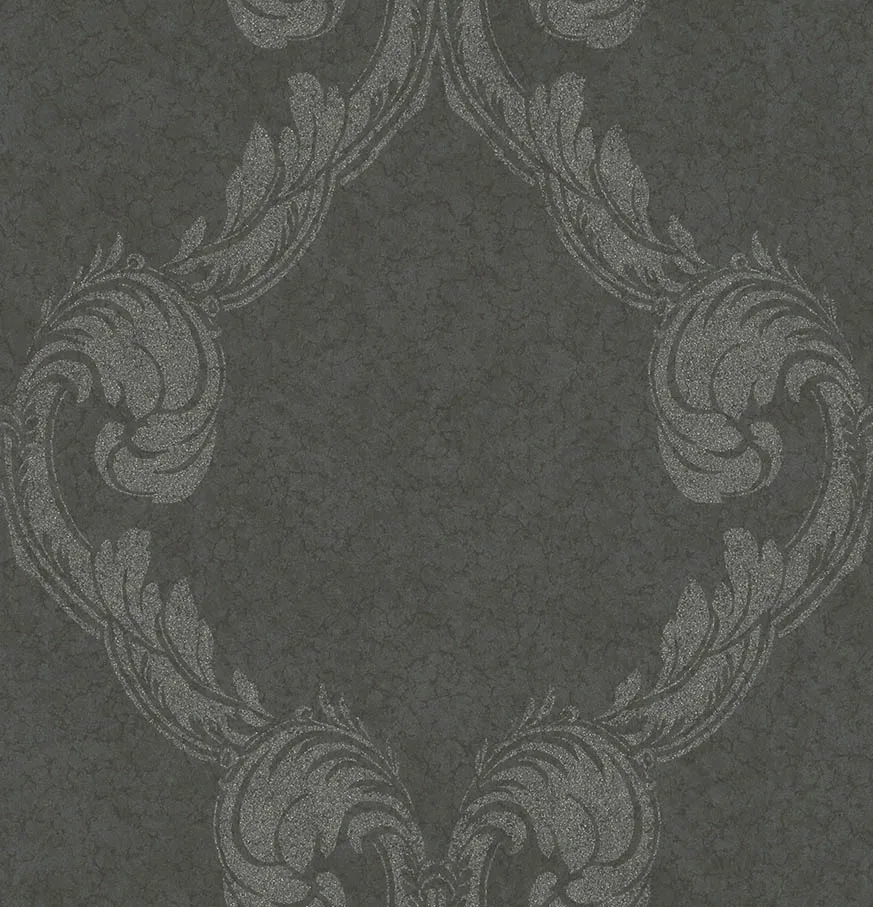 Large white and black damask-patterned durable wallpaper made in Japan creates a rich atmosphere.