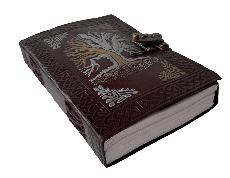 tree of life leather journal with golden Silver Leather Custom Notebooks Hardcover Brown cover Plain book Gift book of shadows