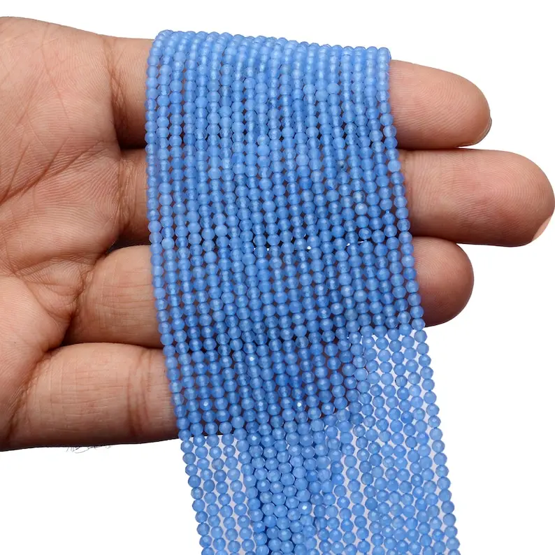 Natural Blue Chalcedony Micro Faceted Round Gemstone Beads Strands Strings 2-3mm Chalcedony Stone Beads for Jewelry Making Bulk