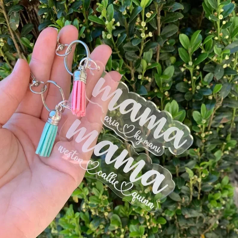 Mica keychain engraved with simple word designed upon request gift keychain with hang tag engraved with name for a homemade gift