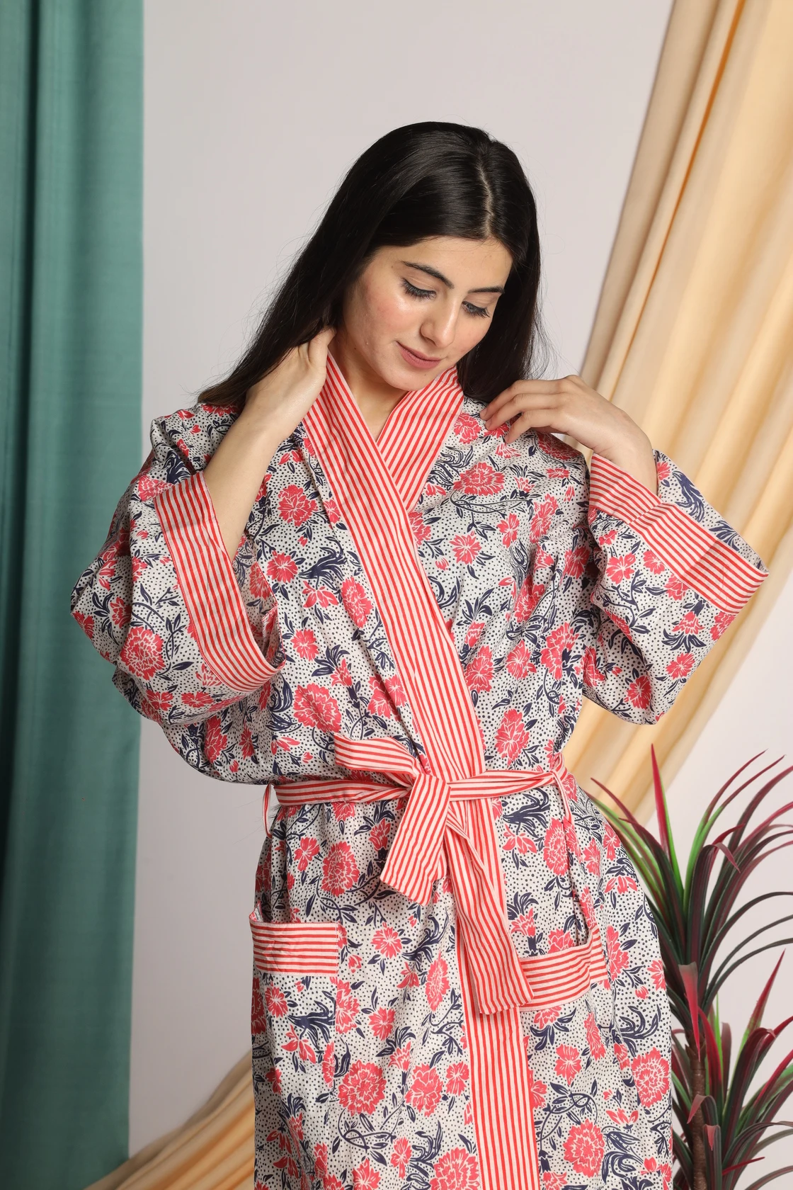 2024 collection Boho Wrap Dress women Silk Long Kimono Sleepwear Kimono Soft Indian Floral Dress For To be Moms handmade product