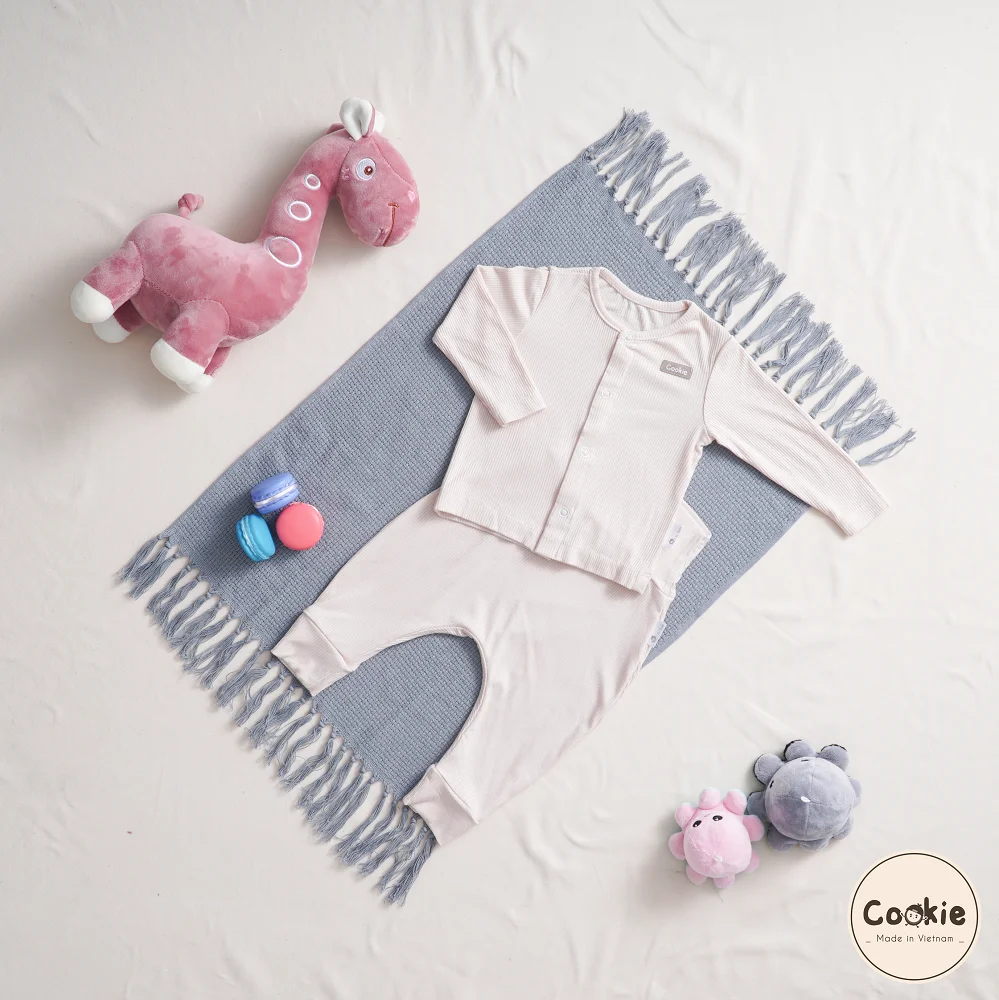 Low MOQ CF button placket long sleeve top & high-waistband pants Newborn Unisex Baby Set Made in Vietnam