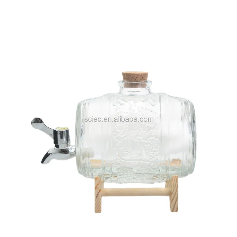 Custom 1L drum shape glass wine barrel beer barrel alcoholic beverage jar with faucet and wooden base