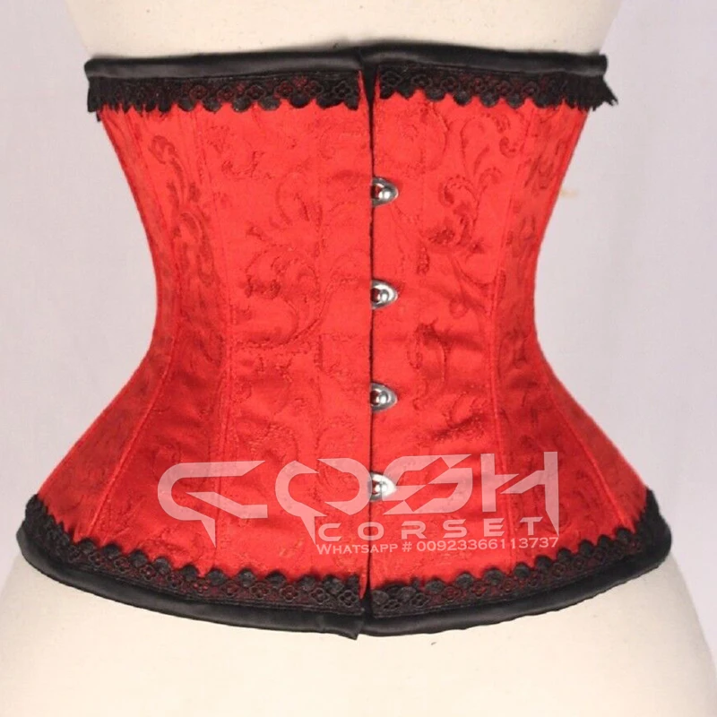 COSH CORSET Handmade Latest Underbust Steel Boned Limited Edition Red Brocade Corset With Black Lace and Trim