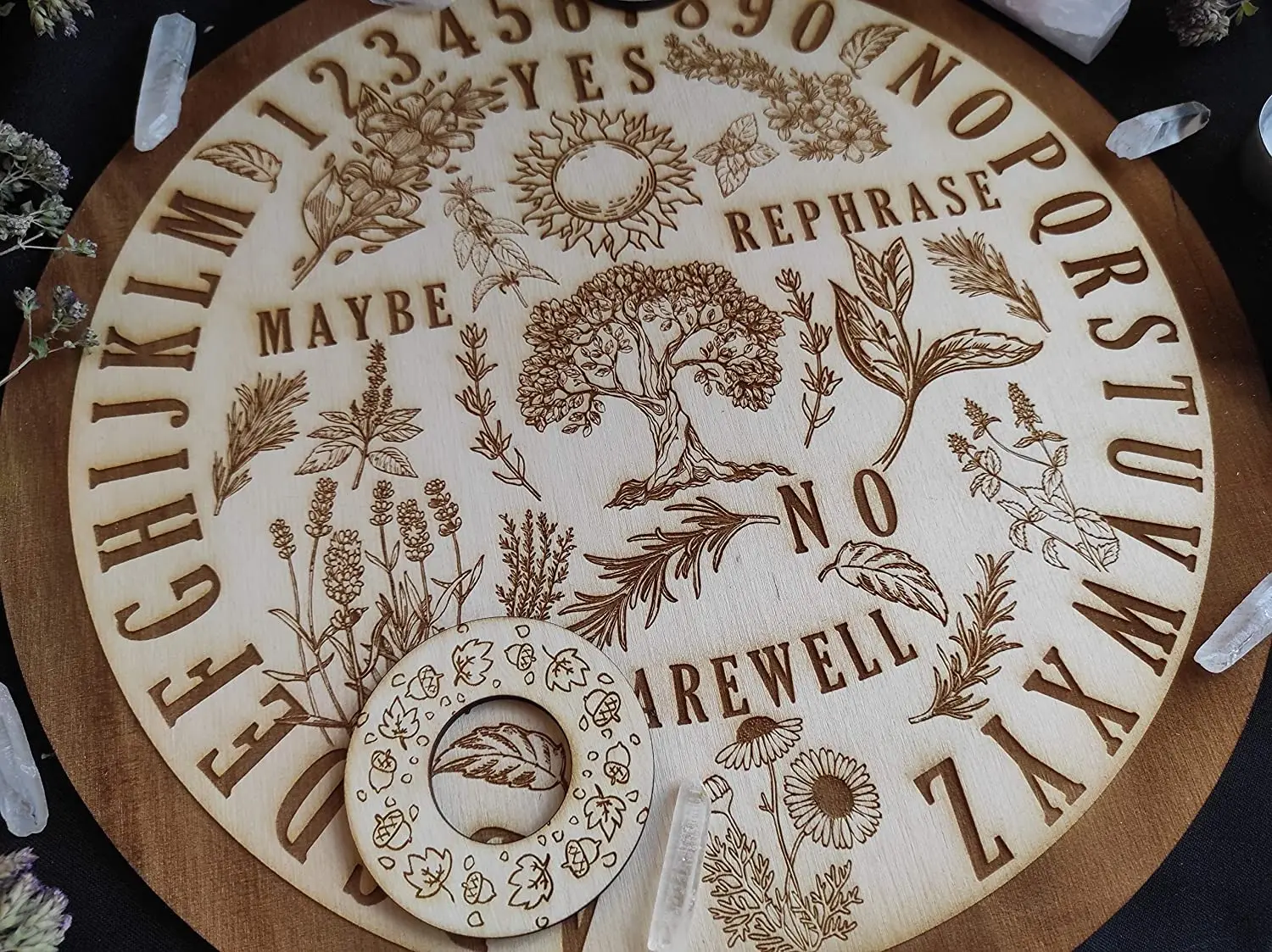 Wooden Round Ouija Board Forest Spirit Board with Herbal and Tree Floral Gothic or Witch Decor Spirit Game Divination Tools