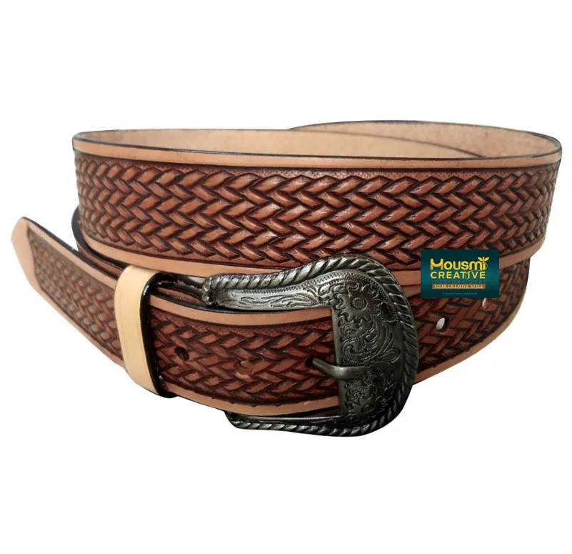 Affordable Price Unisex Western Style Cowboy Fashion Belt Custom Size Low MOQ Genuine Cowhide Tooled Leather Wholesale Supplier