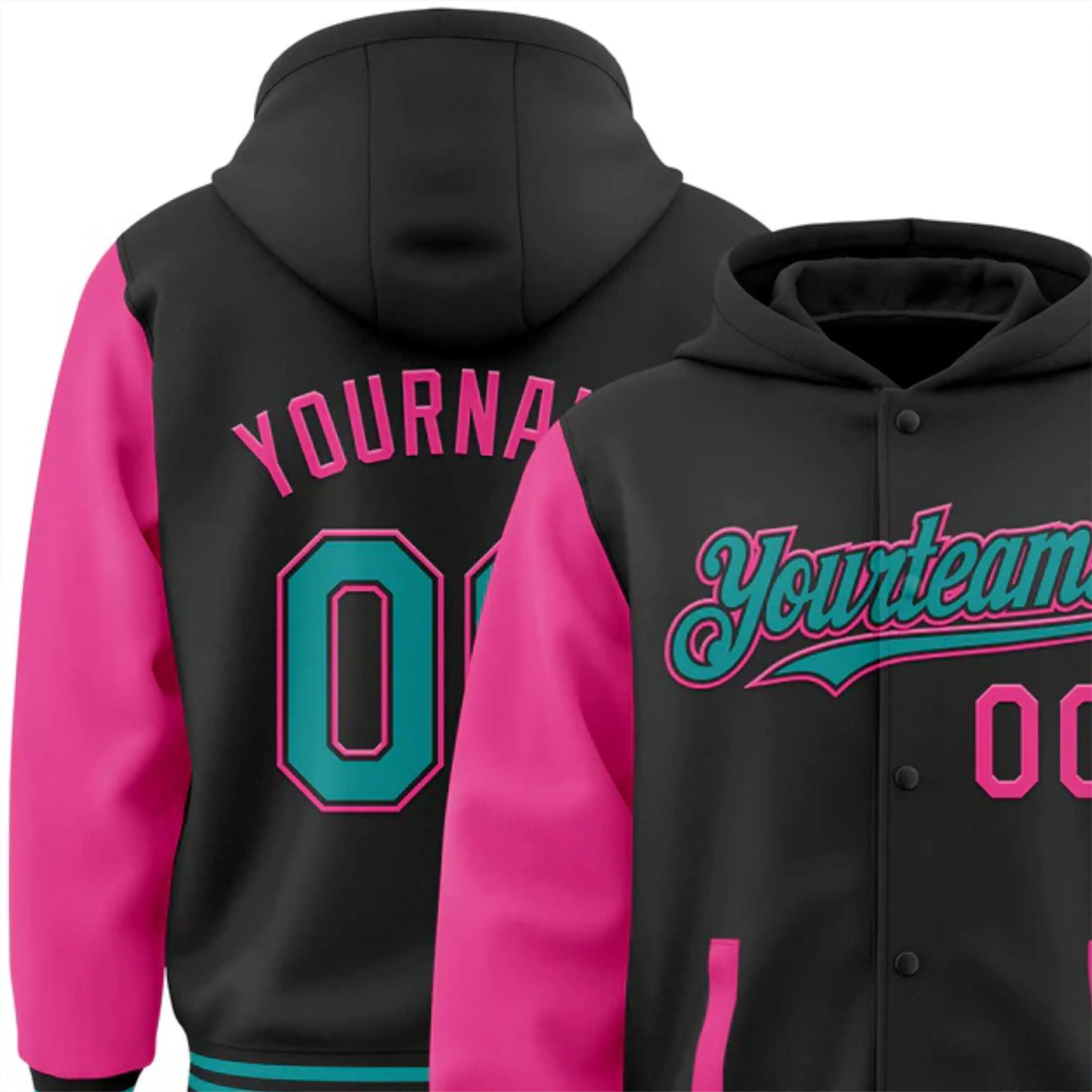 Custom Black Teal-Pink Bomber Full-Snap Varsity Letterman Two Tone Hoodie Jacket