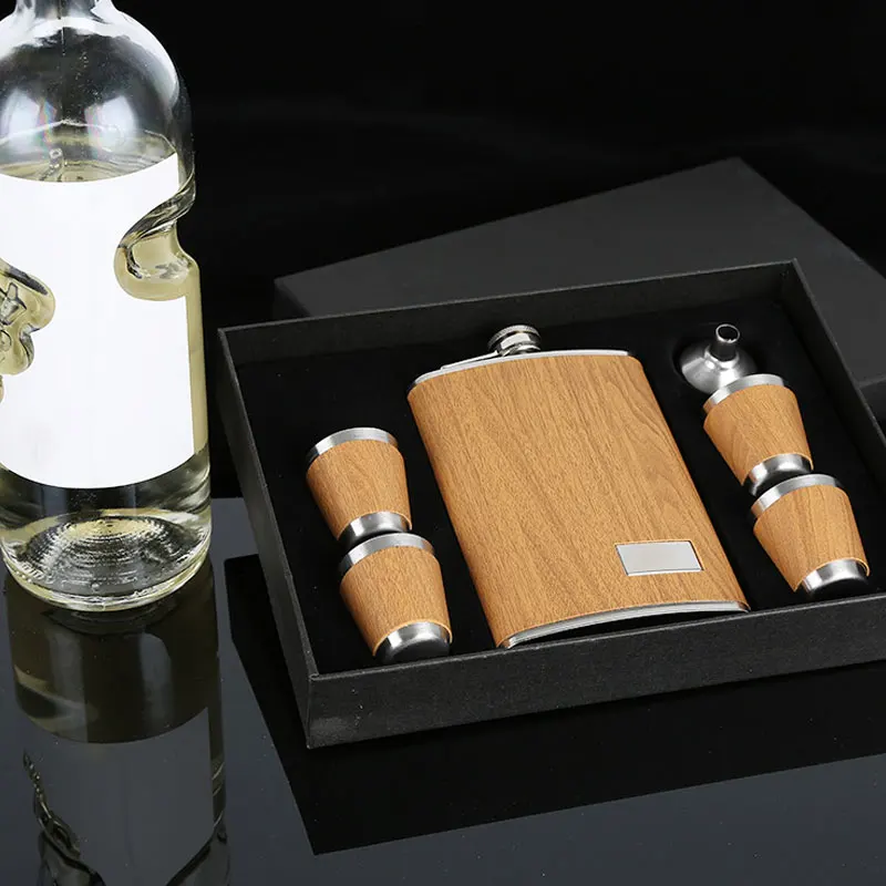 Custom Logo Embossed Whiskey Glass Set Personalized Engraved Color Bamboo Wooden Hip Flask