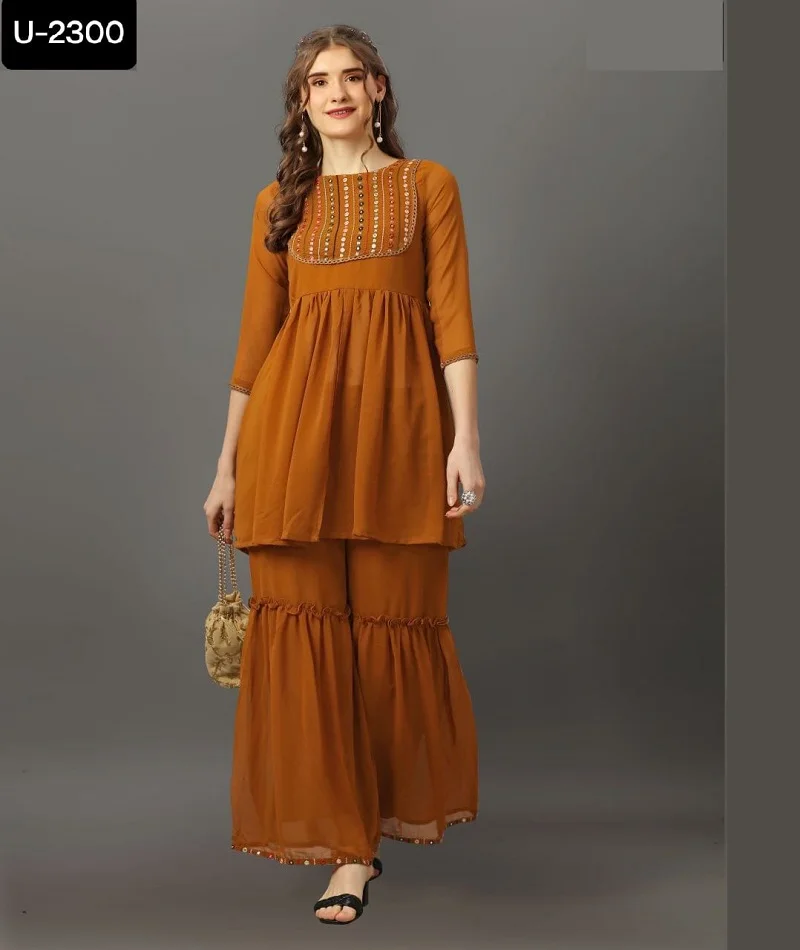 Indian Ethnic Wear Georegtte with Mirror Work Neck Pattern and Georgette Sharara with Beautiful Lace Kurtis for Women Wear Suit