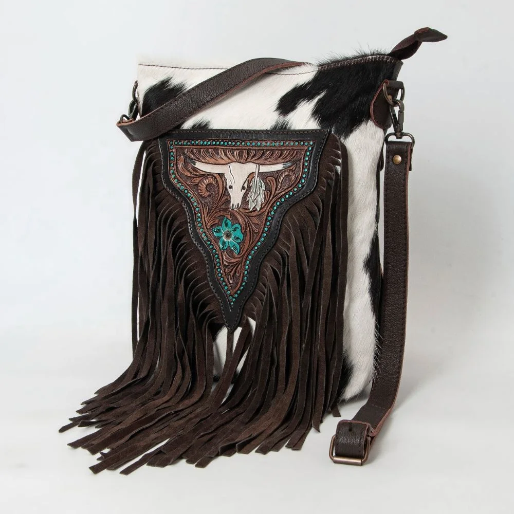 Long Horn Bull Face Design Tooling and Hand Carving Leather Crossbody Side Bag for Cogirls with Concealed Carry Pockets