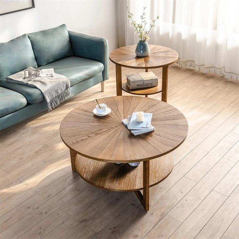 Wholesale Easy Assembly 2 Tier Circle Farmhouse Rustic Round Wooden Coffee Table for Living Room