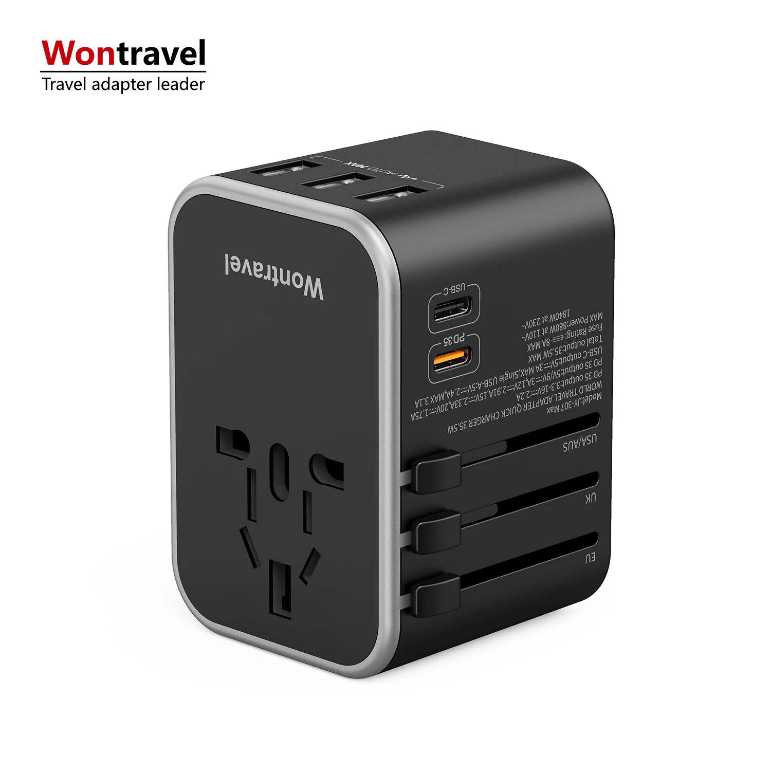 Wontravel Новый 35,5 Вт PD 3 USB Универсальный дорожный адаптер с несколькими разъемами адаптер для путешествий со всего мира Type C