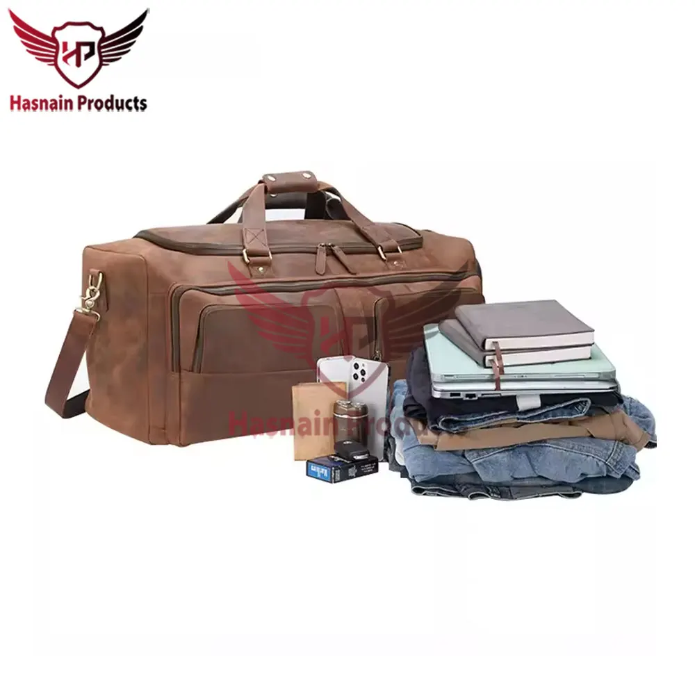 Customized Large Capacity Genuine Real Leather Weekender Bag Premium OEM ODM Vintage Brown with Logo Sport Style for Gym Usage
