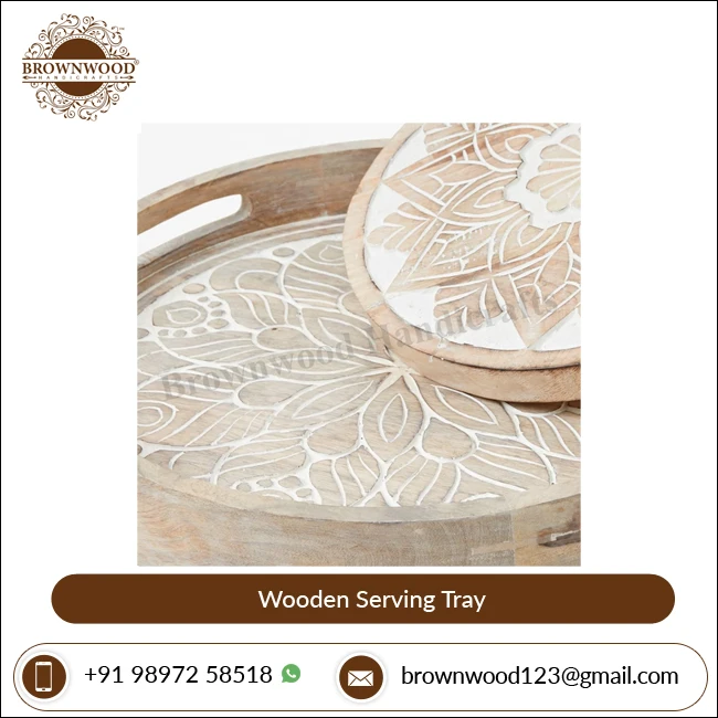 Excellent Quality White Wash Color Round Shape Decorative Hand Carved Mango Wood Serving Tray By Indian Manufacturer & Exporter