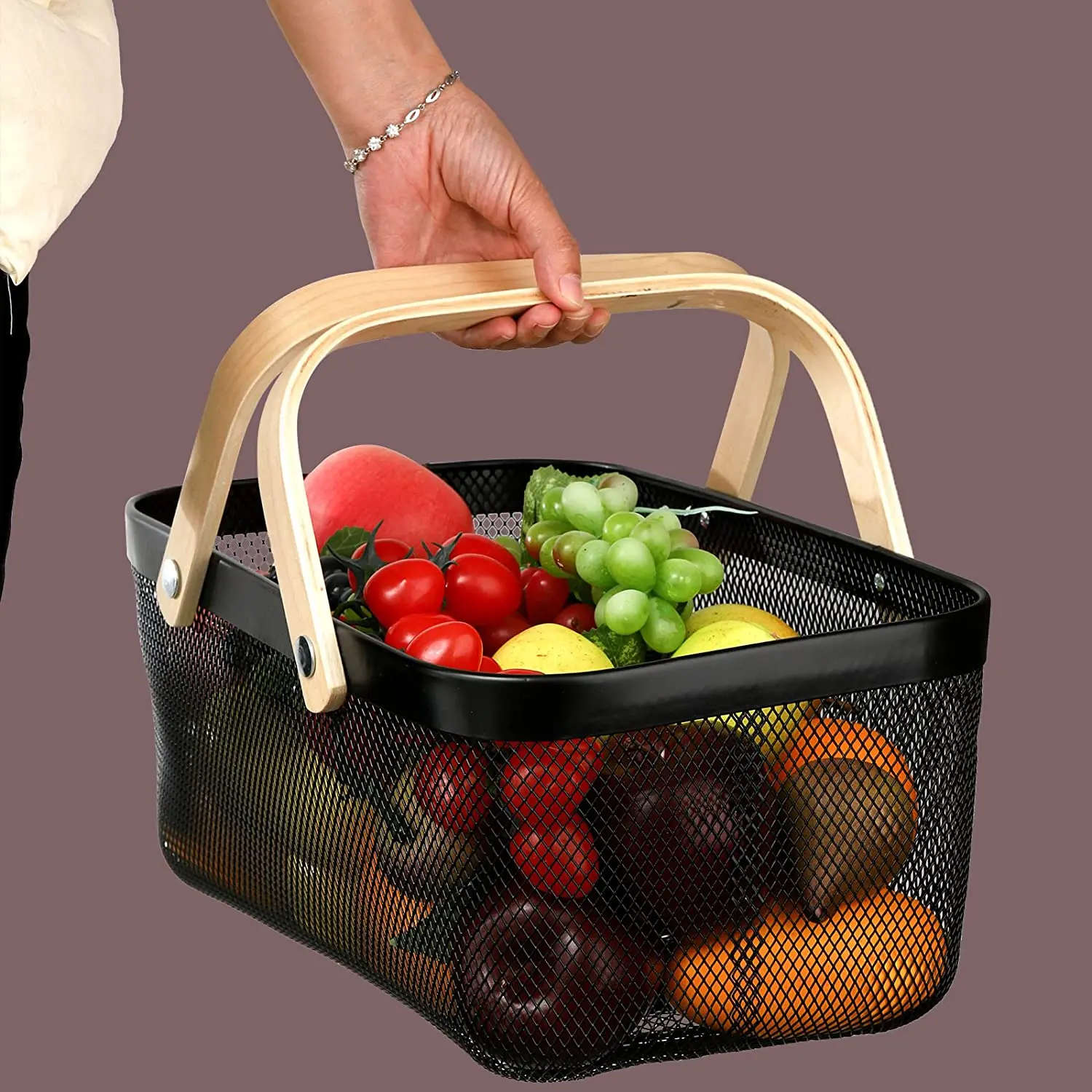 Mesh Storage Basket with Handle, Garden Harvest Basket, Mesh Fruit Vegetables Gathering Basket Bin
