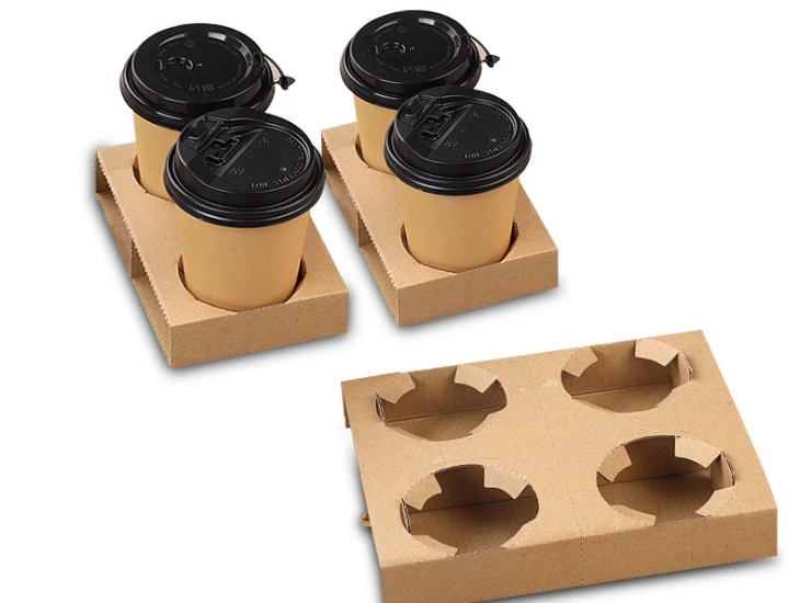 Disposable Carry Out Cup Tray Holder for Hot Cold Drinks Kraft Corrugated Coffee Cup Holder 1cup 2cup 4Cup Carriers