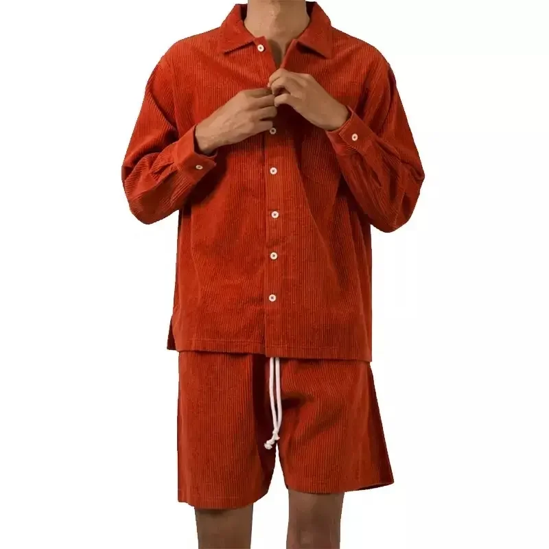 Color Block 2 Piece Set Short Sleeve Collar Shirts Shorts For Men Summer Outfit 100% Cotton Corduroy Men Shorts Set