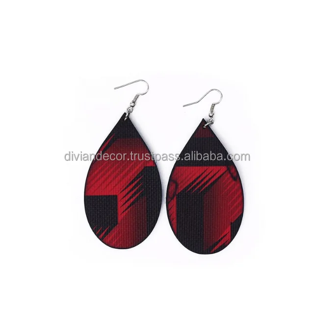 Hoop Tear Drop Earrings Red Color PU Leather Jewelry Model For Women Girls Custom Logo PU Leather Hot Selling Earring For Sale
