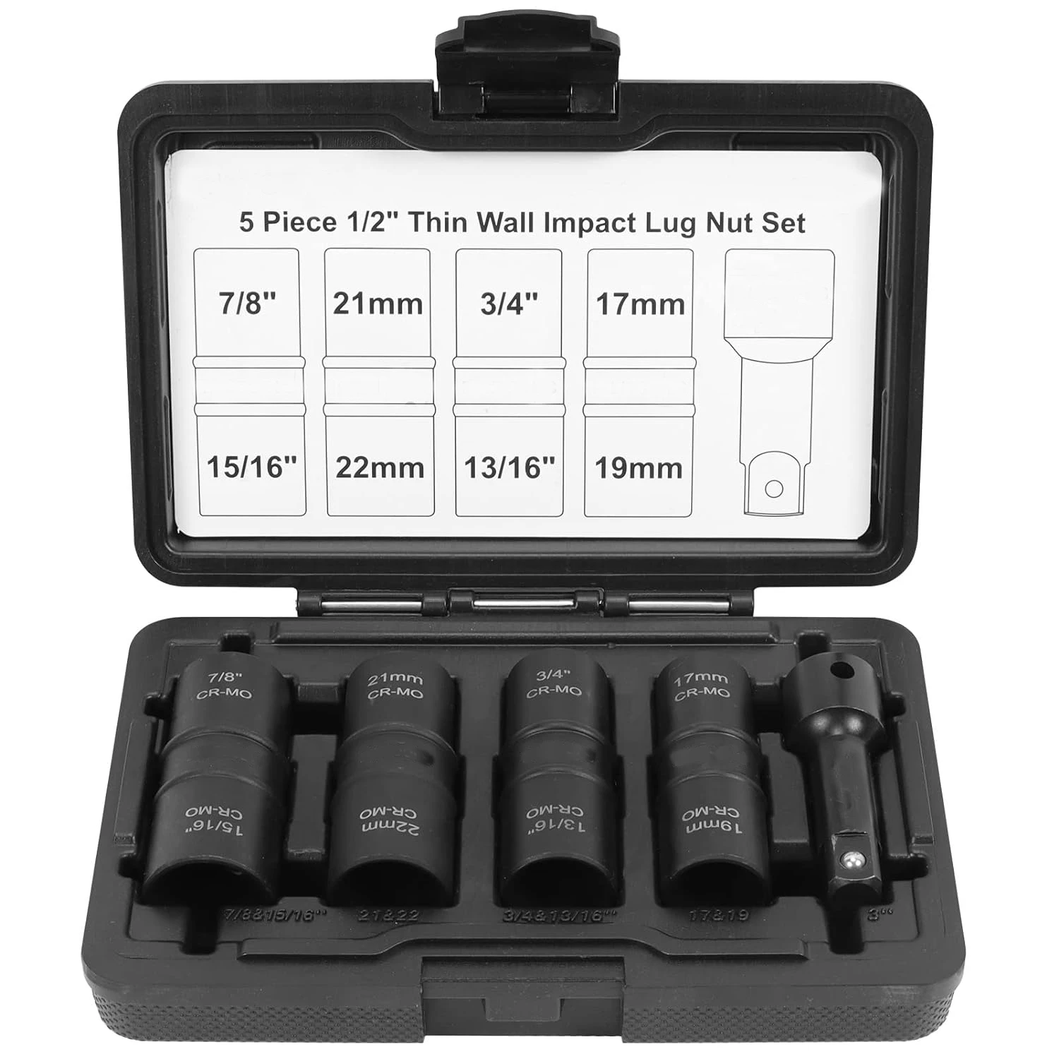 5 pcs 1/2-inch Drive 17-22mm & 3/4 -15/16 inch & 21mm-7/8 inch Flip Lug Nut impact Socket Tool Set with 3 inch extension bar