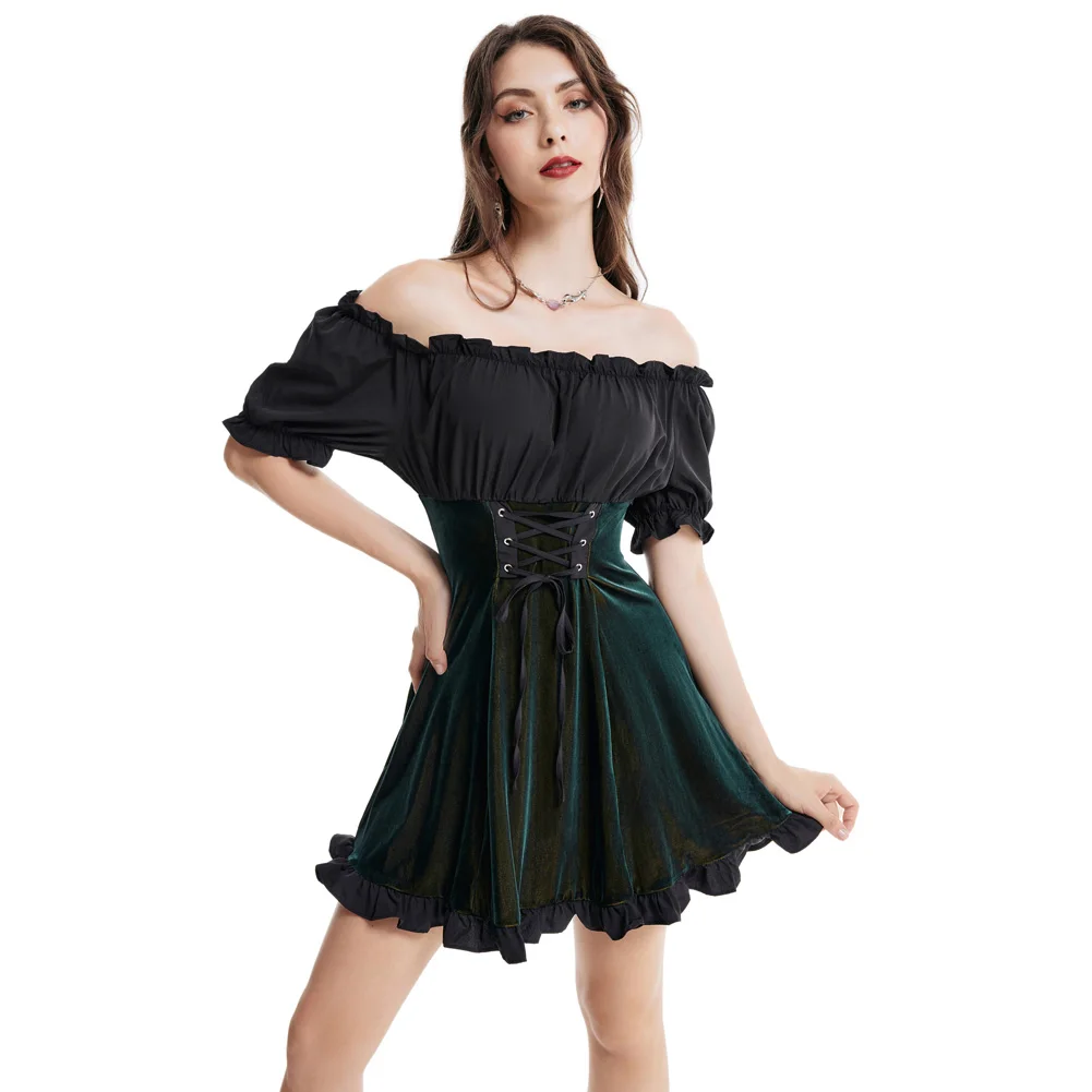 Scarlet Darkness Wholesale Women Contrast Fabric Dress Short Sleeve Off Shoulder Ruffled Hem Woman Gothic Velvet Ruched Dress