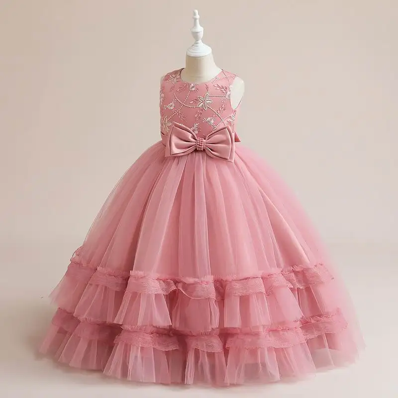 Wholesale Kids Long Gowns Baby Party Satin Flower Dress Wedding Birthday Dresses princess dress