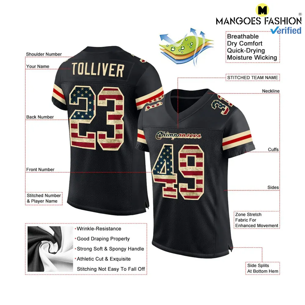 Vintage Style Custom Black USA Flag Cr-eam Mesh Authentic Football Jersey American Football Wear Sublimation Printing