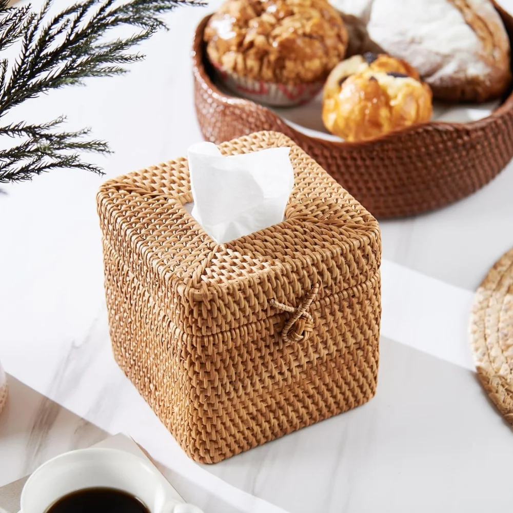 Elegant Brown Rattan Cylinder Tissue Holder Clear Tissue Box Cover for Kitchen and Home Decor Stylish Paper Storage Box