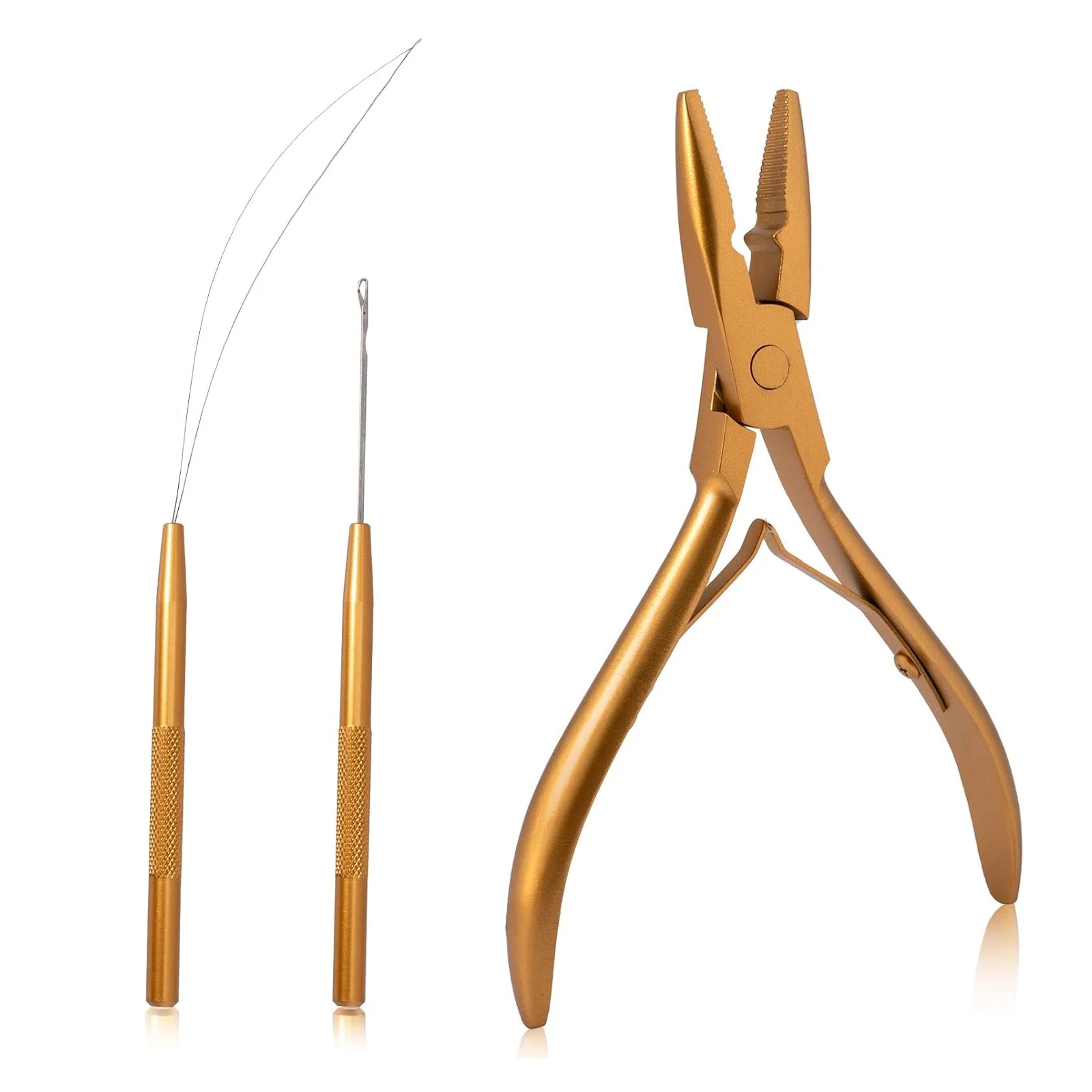 Micro Links Hair Extensions Kit - Gold Plated Premium Hair Extension Pliers & Loop Needle Tool Set Beaded Extensions
