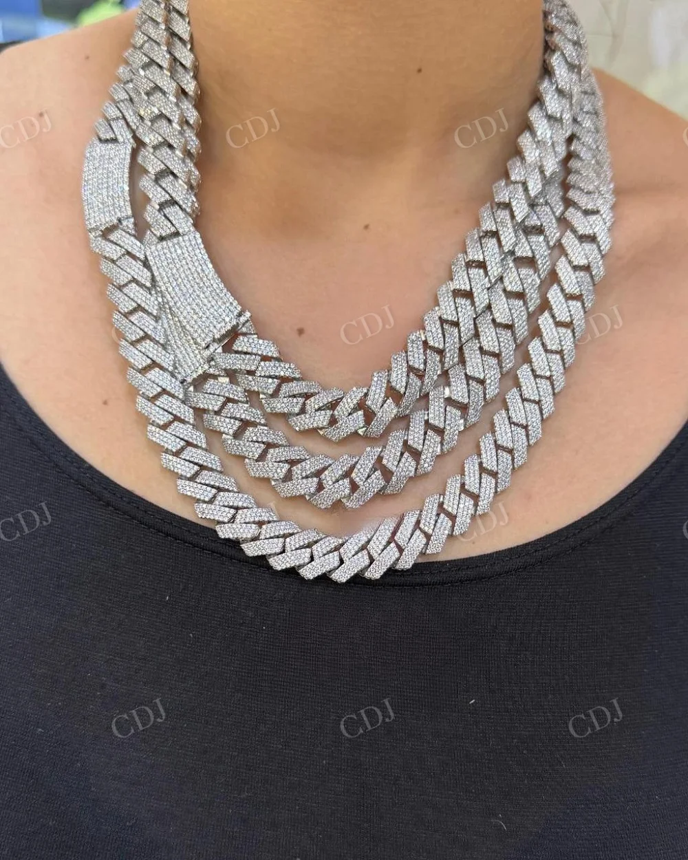 3 Row Diamond VVS1 Moissanite Sterling Silver White Plated Hip Hop Rapper Style Girls Super Cool Iced Out Miami Cuban link Chain
