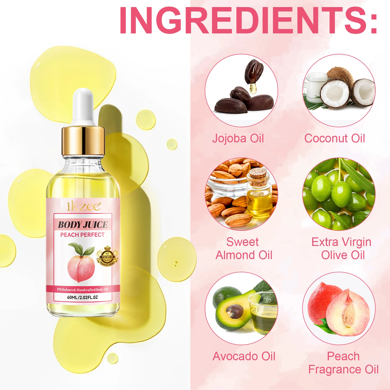 Private Label Nourish Skin Anti-Aging Firming Cinnamon Bun Scented Peach Perfec Body Juice Oil For Women PH Balance And Wetness