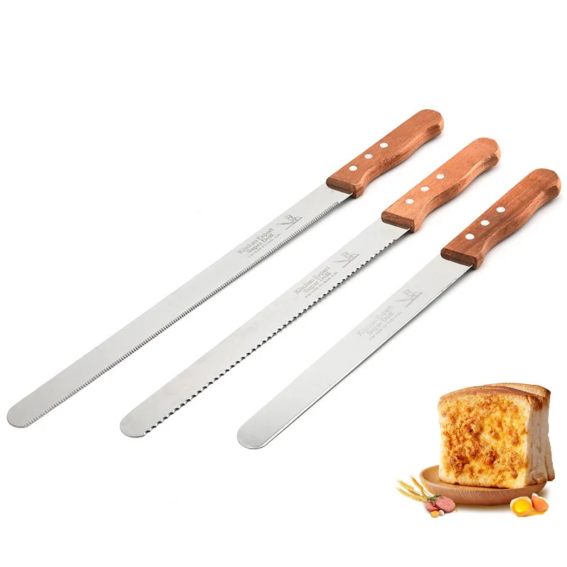 Stainless Steel Fine Coarse Flat Teeth Cake Knife Wooden Handle Baking Pastry Serrated Spatulas Toast Cutting Bread Kitchen Tool