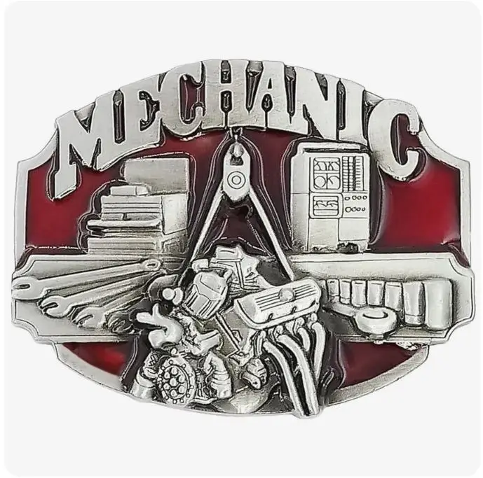 Vintage Mechanic Belt Buckle with Engine Design