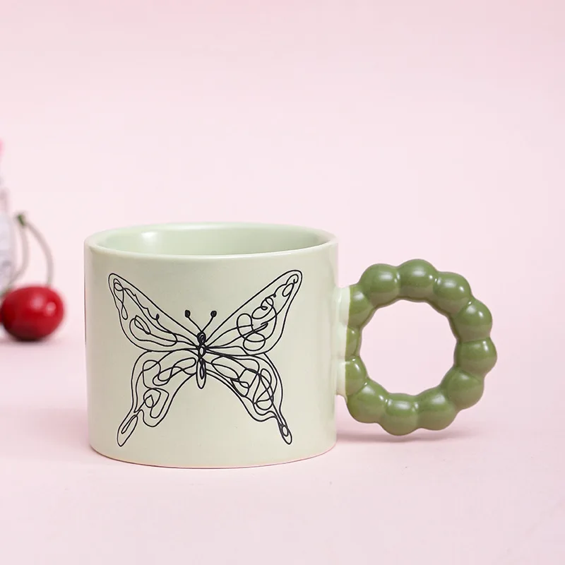 300ml Creative Nordic Ceramic Butterfly Pattern Mug Coffee Milk Cup for Girls Couples Pearl Ball Handle Gift Packaging Box