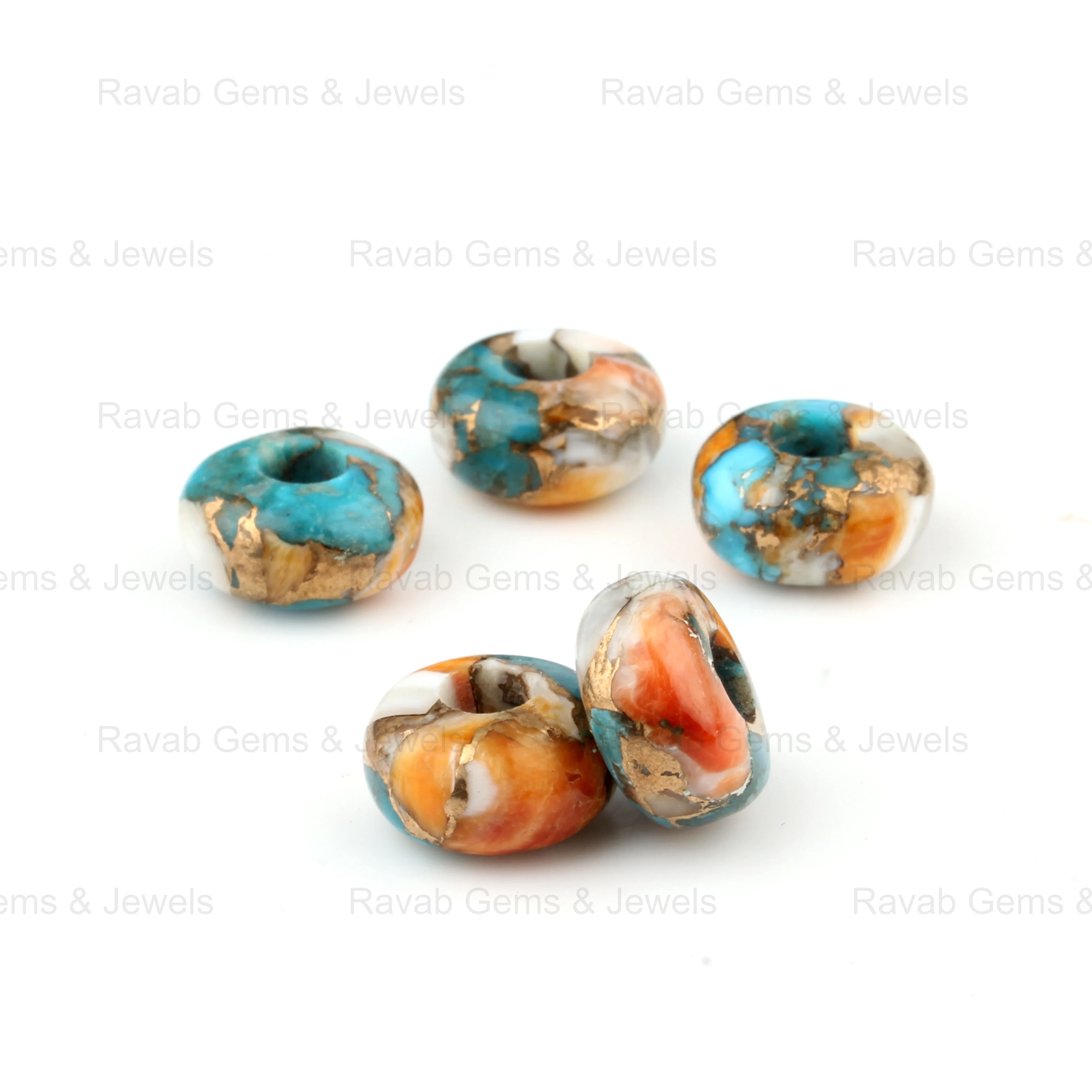 14x8mm Rondelle Big Hole Natural Smooth Spiny Oyster Turquoise Copper Composite Briolette Gemstone Beads For Jewelry Making