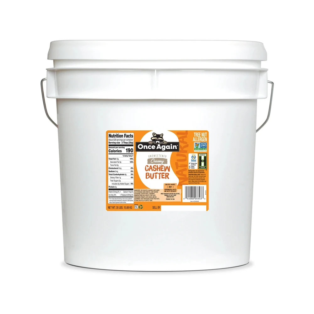 Premium Quality Cashew Butter Packed into 35lb Pail Unsweetened All Natural Creamy Cashew Butter Gluten-Free Certified Vegan