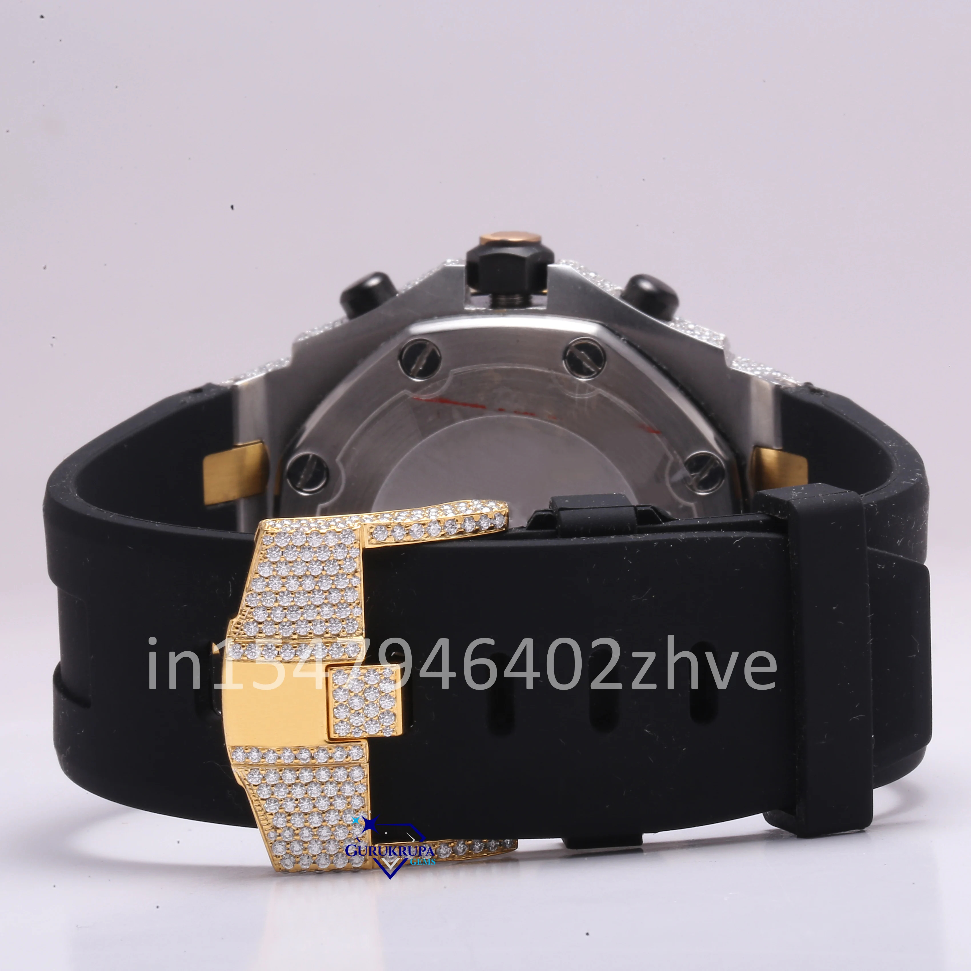 Customized mens luxury hip hop watch half iced out in moissanite diamonds with vvs clarity style in black rubber belt