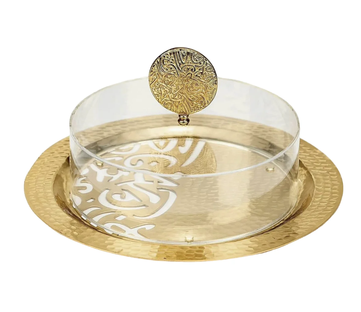 Metal Designer Fancy Look Cake Dome Gold Color Round Shape Platter And Glass MAde Dome Cake Display Stand With Golden Color Lid