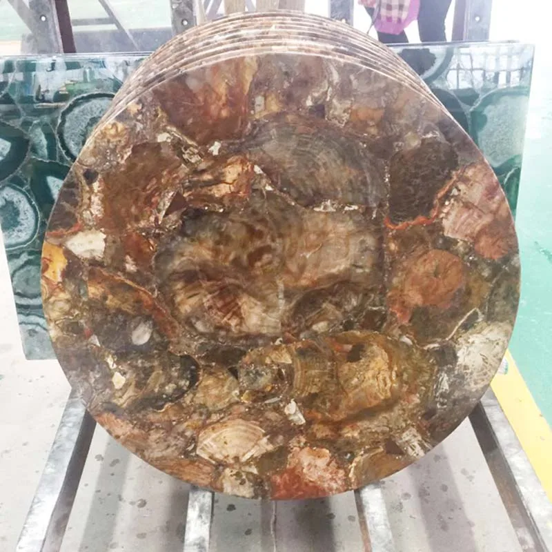 Natural Gemstone End Table Brown Fossil Wood Round Table TopsPetrified Wood Furniture
