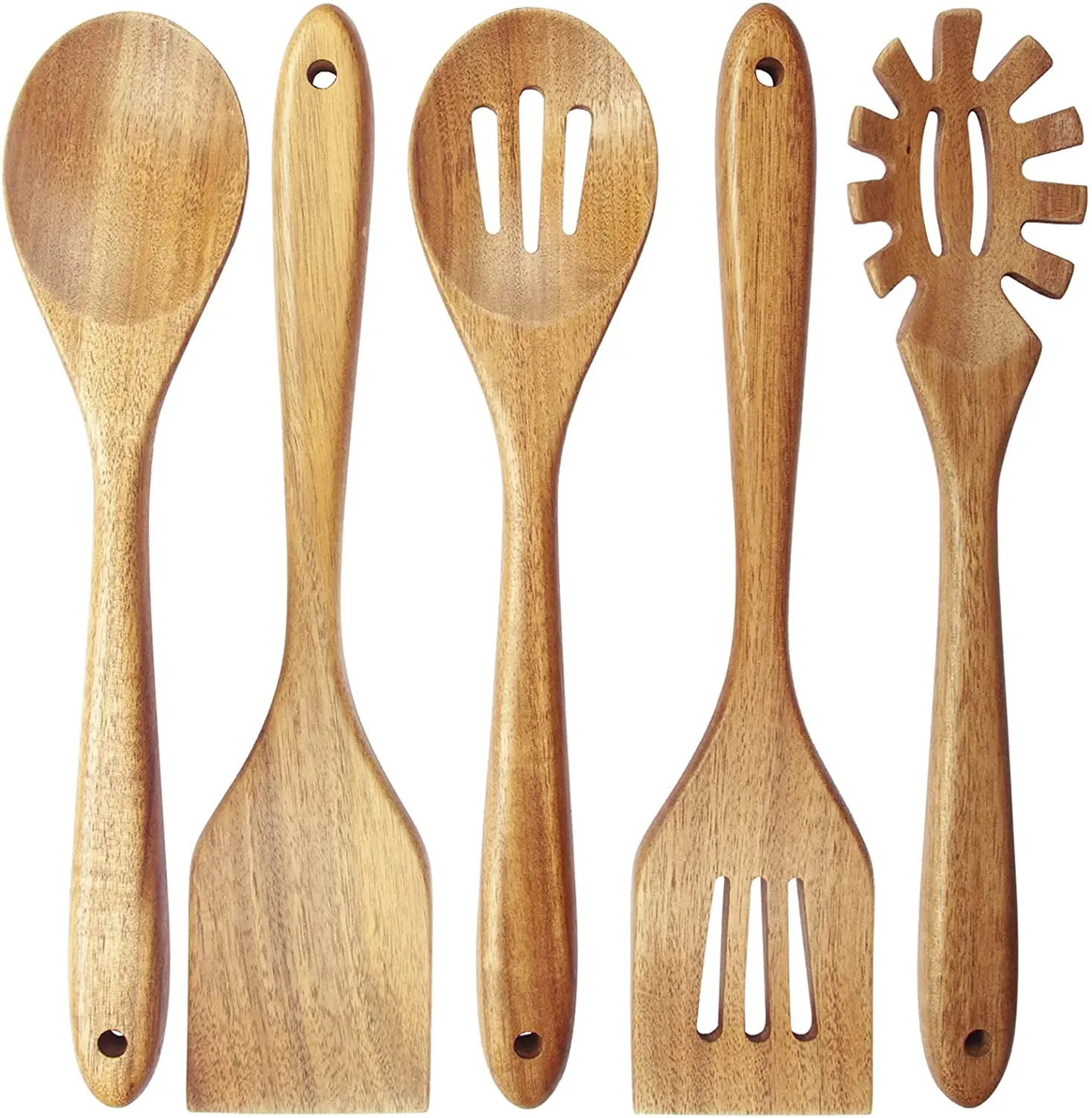 Wooden Spoons for Cooking 5 Piece Non Stick Wooden Spoon Set Wooden Spoons, Spatula Set, Slotted Spoon & Pasta Spoon - Handmade