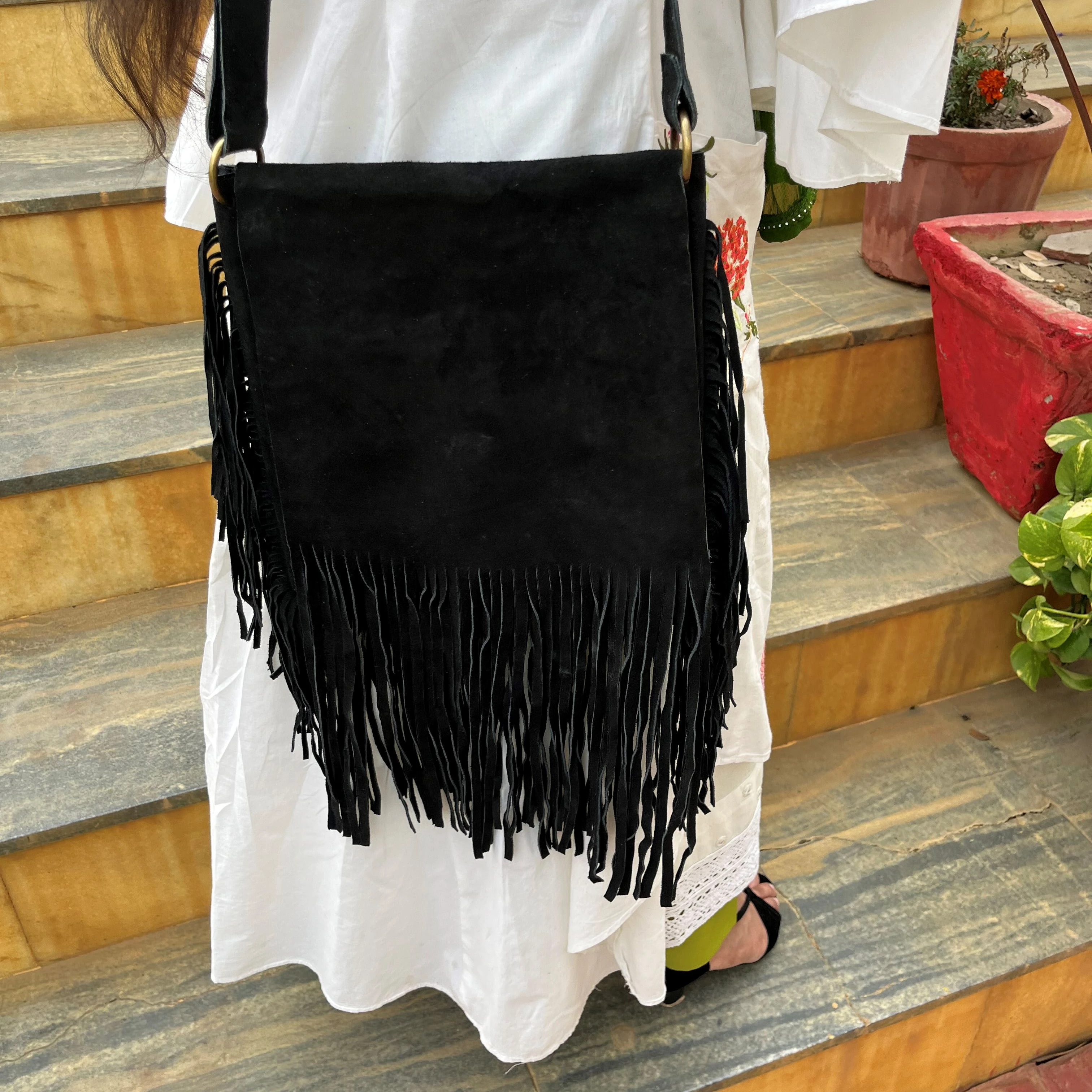 Traditional Premium Quality Wester Design Stylish Handmade Suede Leather Handmade Fringe Cross Body Bag For Woman And Girl