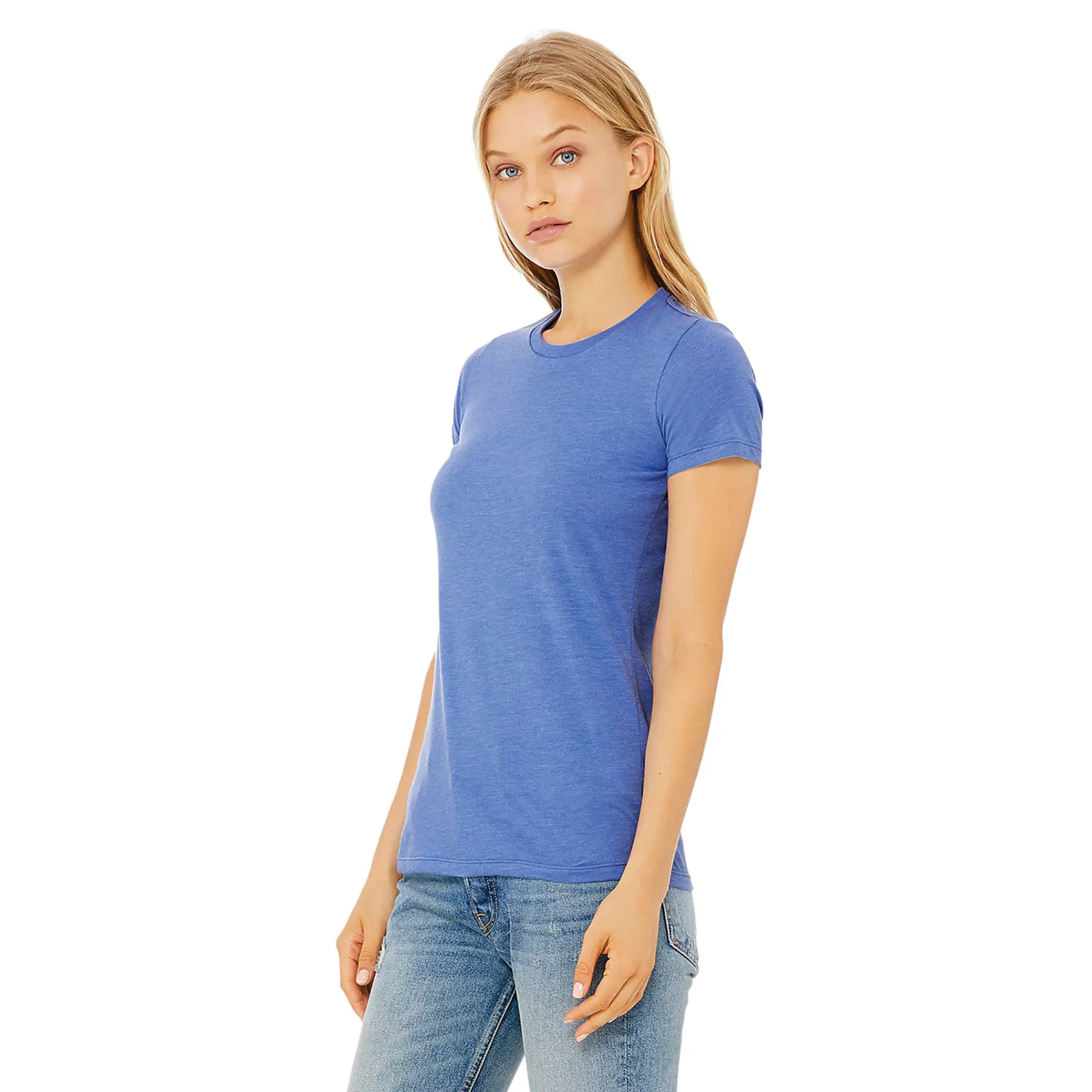 Shoulder Taping Longer Body Length 100% Airlume Combed and Ring Spun Cotton 32 Single 4.2 oz Columbia Blue Womens Slim Fit T-Shi