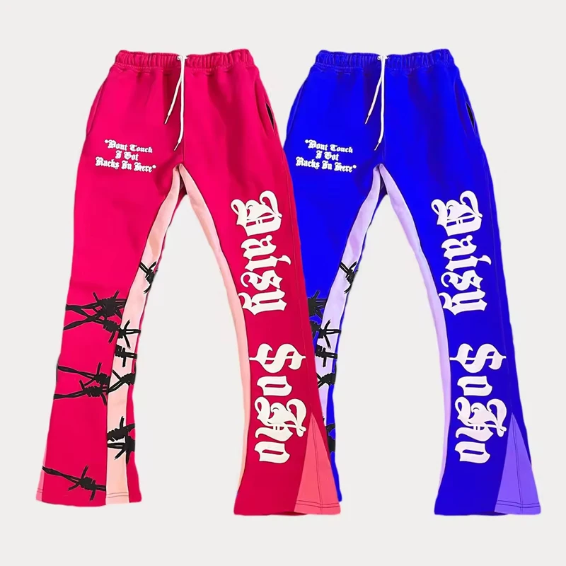 Felt Wholesale Custom High Quality Casual Flared Jogger Track Pants Patchwork Elastic Waistband Mens Stacked Flare pants